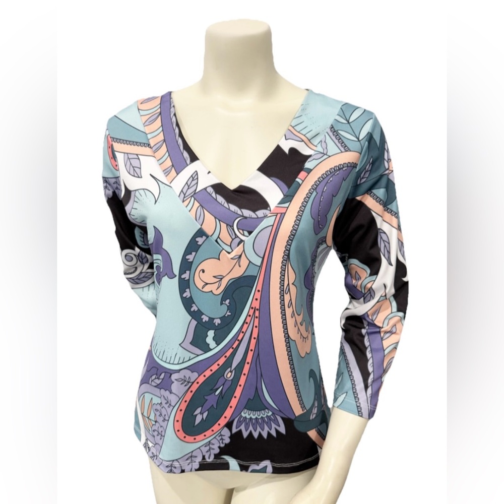Parisou Top Small Made in USA Retro Mod Paisley Multicolor Long Sleeve V Neck